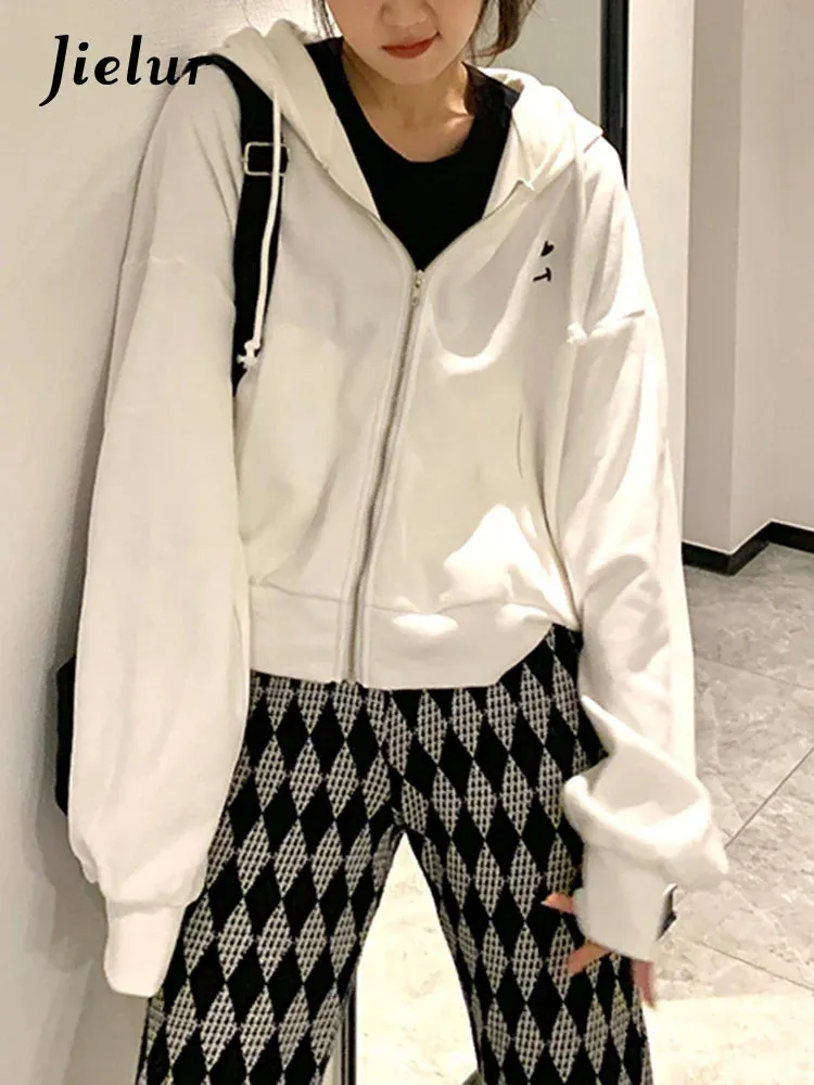 Metaversmall Thin Short Hoodies Women Korean Autumn Causal White Black Sweatshirt Hooded Long Sleeve Streetwear Embroidery Jacket M-XL
