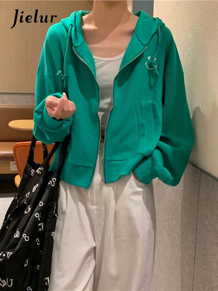 Metaversmall Thin Short Hoodies Women Korean Autumn Causal White Black Sweatshirt Hooded Long Sleeve Streetwear Embroidery Jacket M-XL