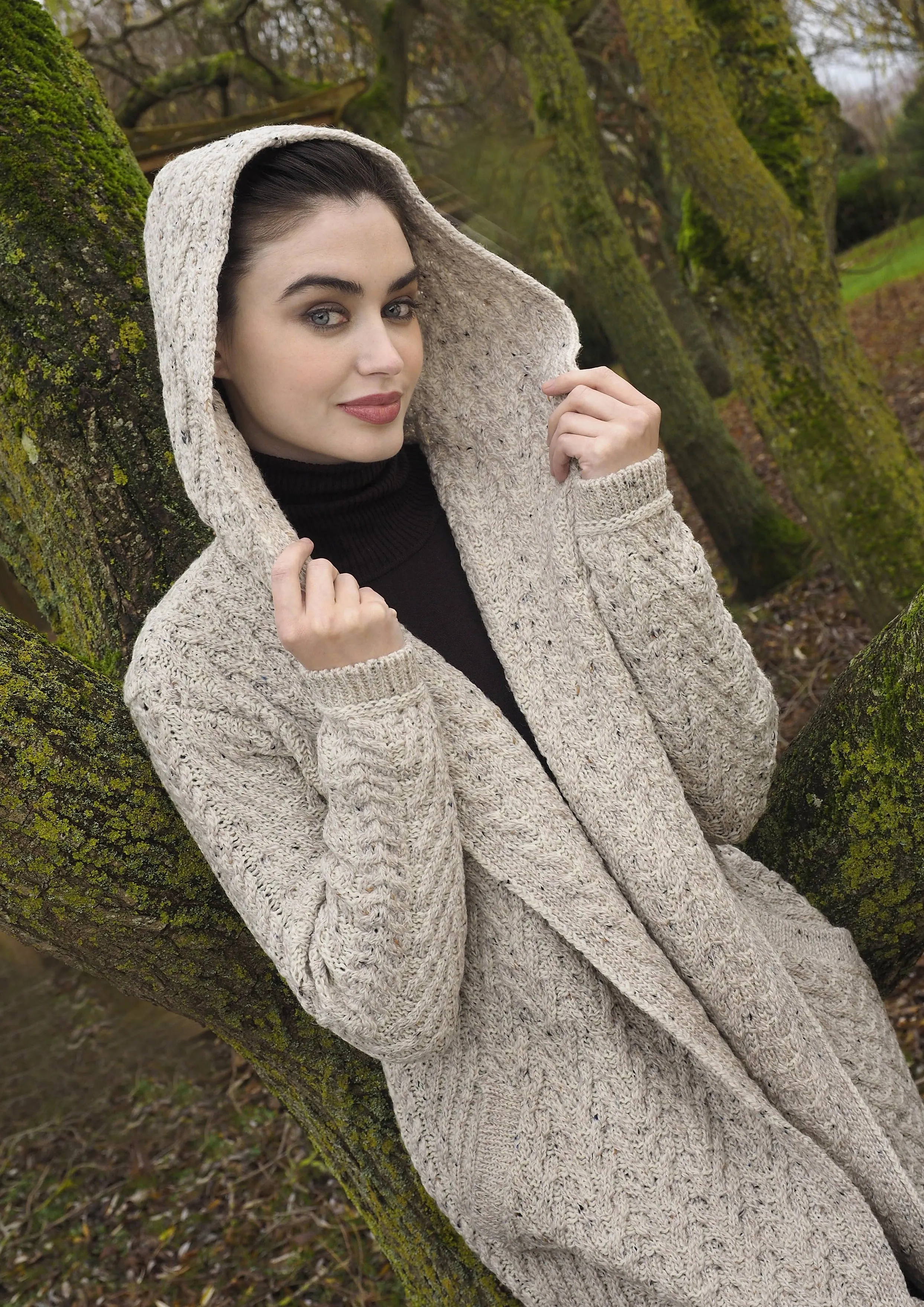Shawl Hooded Aran Cardigan | Oatmeal