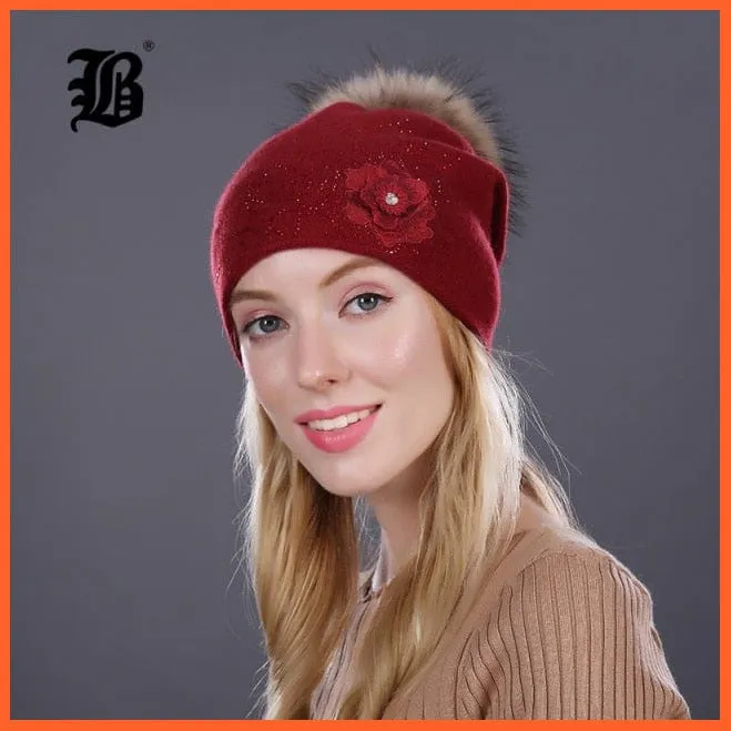 Women'S Winter Rabbit Fur Wool Flowers Style Knitted Hat | Female Mink Pom Pom Hats For Women Gorros Beanies