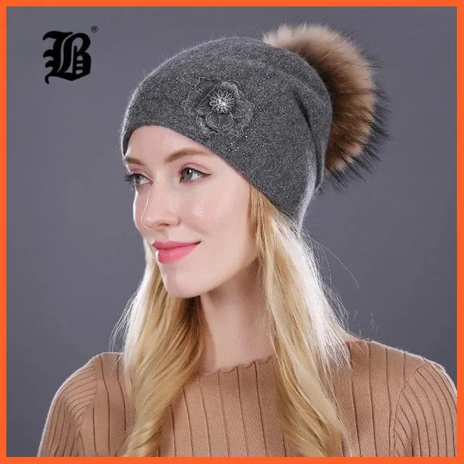 Women'S Winter Rabbit Fur Wool Flowers Style Knitted Hat | Female Mink Pom Pom Hats For Women Gorros Beanies