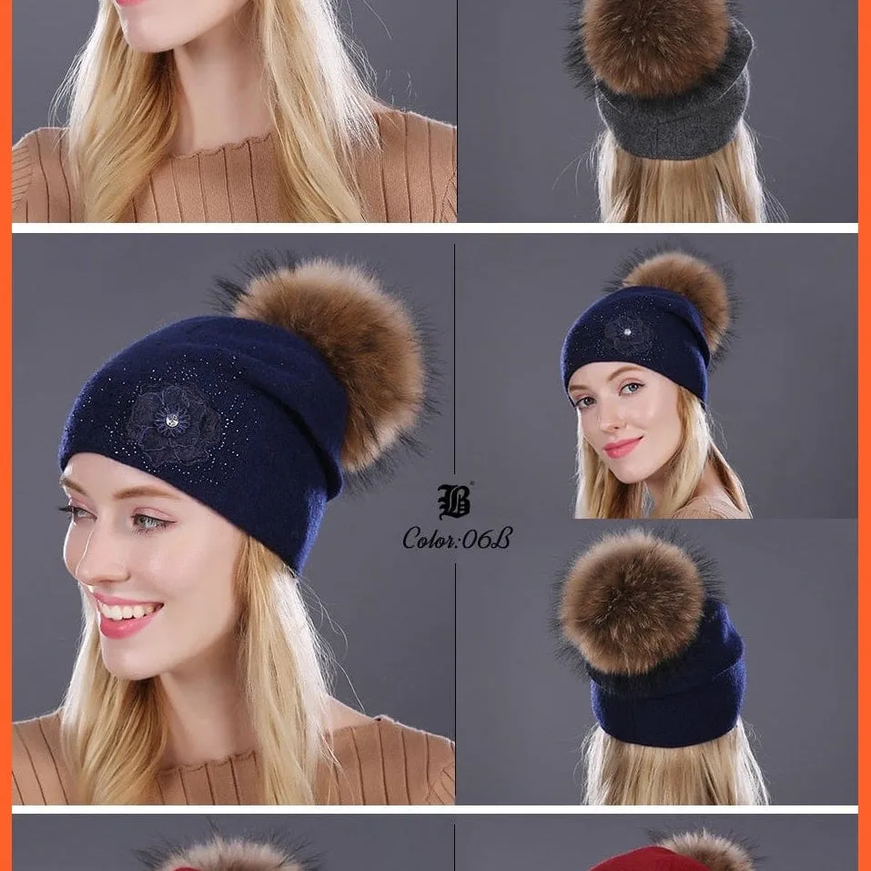 Women'S Winter Rabbit Fur Wool Flowers Style Knitted Hat | Female Mink Pom Pom Hats For Women Gorros Beanies