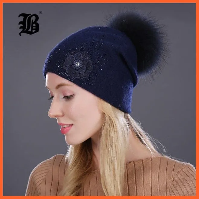 Women'S Winter Rabbit Fur Wool Flowers Style Knitted Hat | Female Mink Pom Pom Hats For Women Gorros Beanies