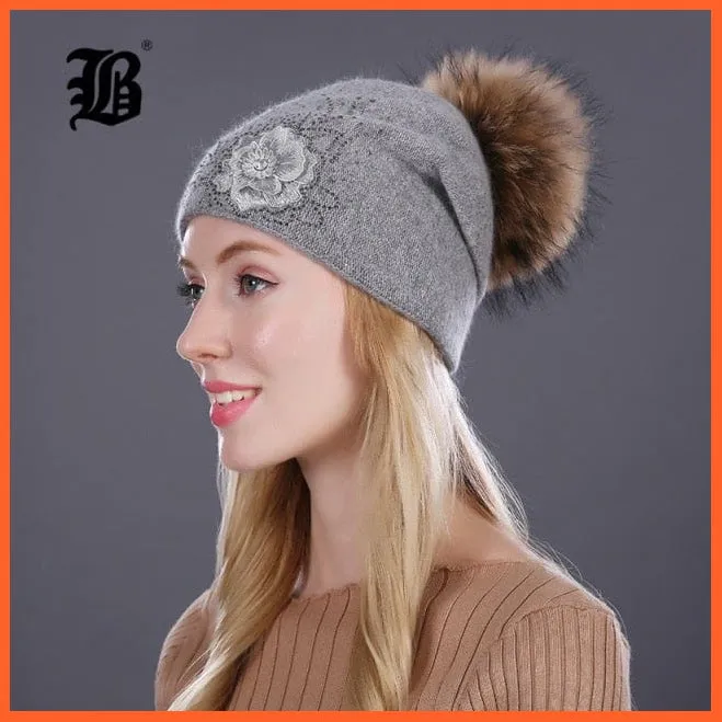 Women'S Winter Rabbit Fur Wool Flowers Style Knitted Hat | Female Mink Pom Pom Hats For Women Gorros Beanies