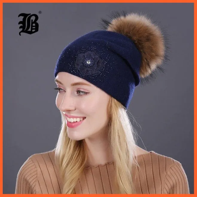 Women'S Winter Rabbit Fur Wool Flowers Style Knitted Hat | Female Mink Pom Pom Hats For Women Gorros Beanies