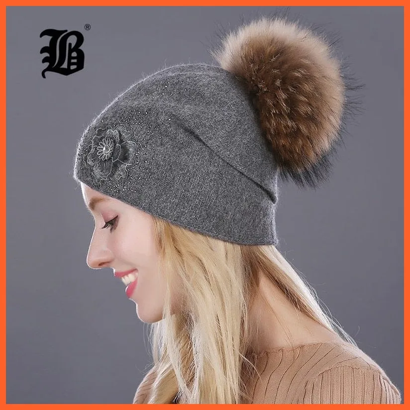 Women'S Winter Rabbit Fur Wool Flowers Style Knitted Hat | Female Mink Pom Pom Hats For Women Gorros Beanies
