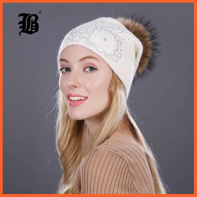 Women'S Winter Rabbit Fur Wool Flowers Style Knitted Hat | Female Mink Pom Pom Hats For Women Gorros Beanies