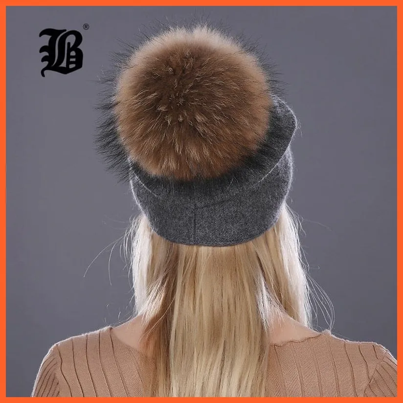 Women'S Winter Rabbit Fur Wool Flowers Style Knitted Hat | Female Mink Pom Pom Hats For Women Gorros Beanies