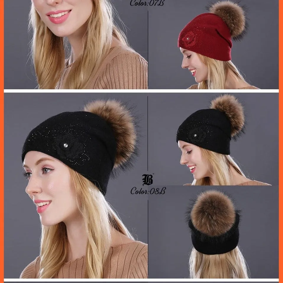 Women'S Winter Rabbit Fur Wool Flowers Style Knitted Hat | Female Mink Pom Pom Hats For Women Gorros Beanies