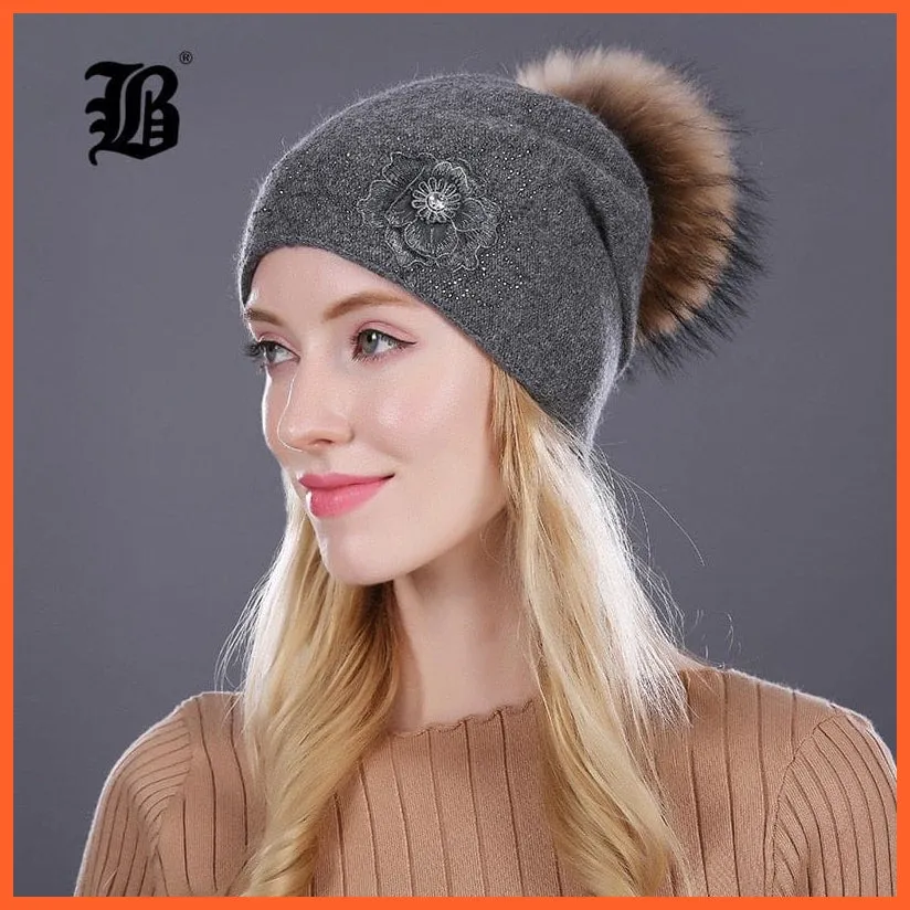 Women'S Winter Rabbit Fur Wool Flowers Style Knitted Hat | Female Mink Pom Pom Hats For Women Gorros Beanies