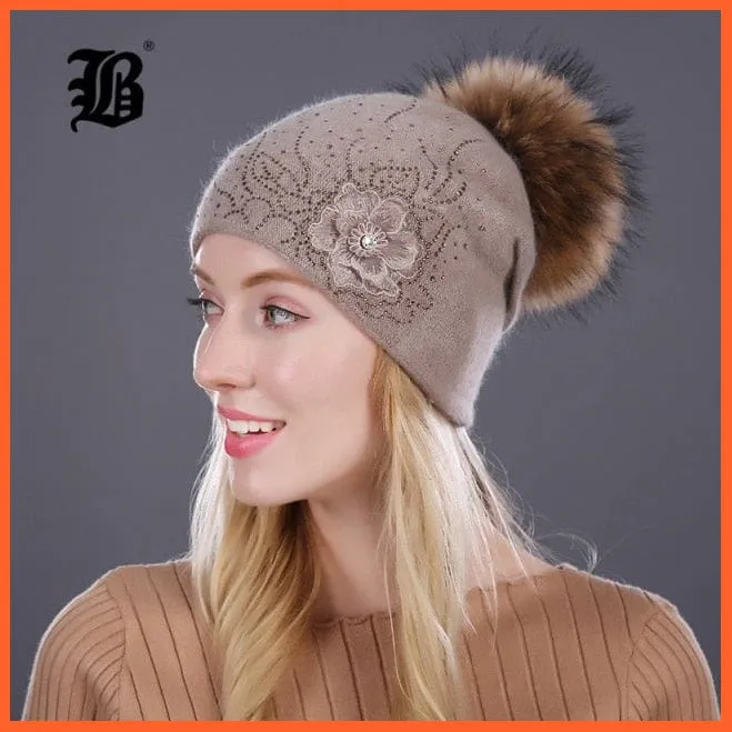 Women'S Winter Rabbit Fur Wool Flowers Style Knitted Hat | Female Mink Pom Pom Hats For Women Gorros Beanies