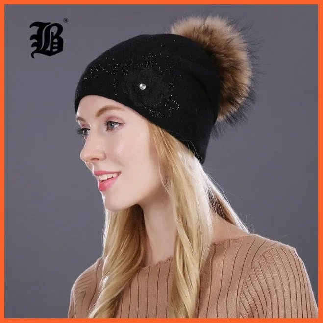 Women'S Winter Rabbit Fur Wool Flowers Style Knitted Hat | Female Mink Pom Pom Hats For Women Gorros Beanies