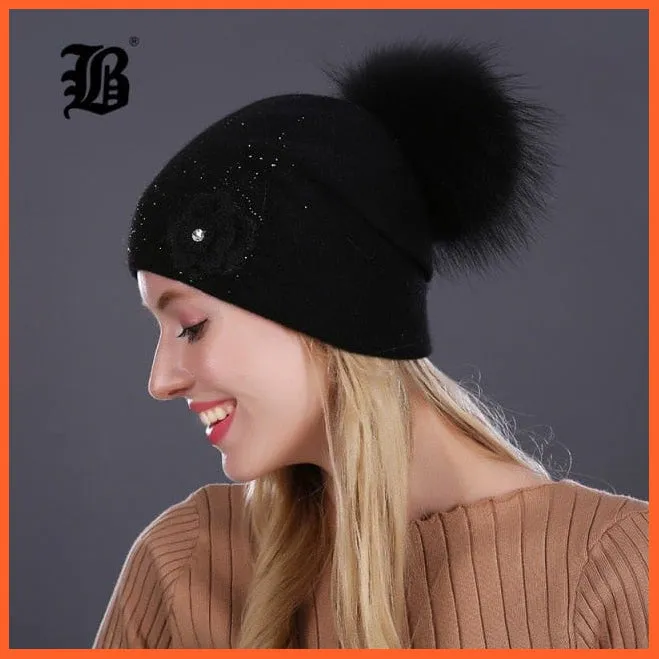 Women'S Winter Rabbit Fur Wool Flowers Style Knitted Hat | Female Mink Pom Pom Hats For Women Gorros Beanies