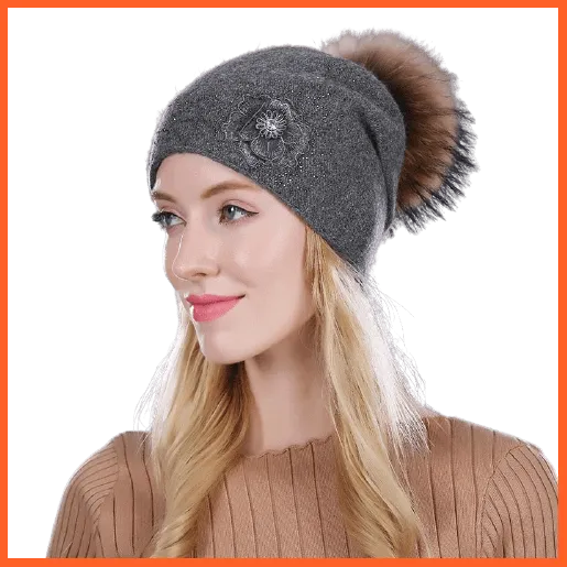 Women'S Winter Rabbit Fur Wool Flowers Style Knitted Hat | Female Mink Pom Pom Hats For Women Gorros Beanies