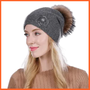 Women'S Winter Rabbit Fur Wool Flowers Style Knitted Hat | Female Mink Pom Pom Hats For Women Gorros Beanies