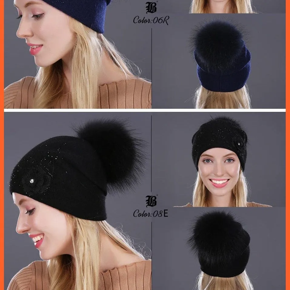 Women'S Winter Rabbit Fur Wool Flowers Style Knitted Hat | Female Mink Pom Pom Hats For Women Gorros Beanies