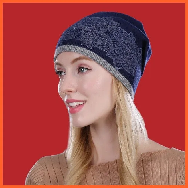 Wool Winter Hat Female Flowers Embroidery Knitted Hats | Warm Gravity Falls Cap Womens Thick Skullies Beanies