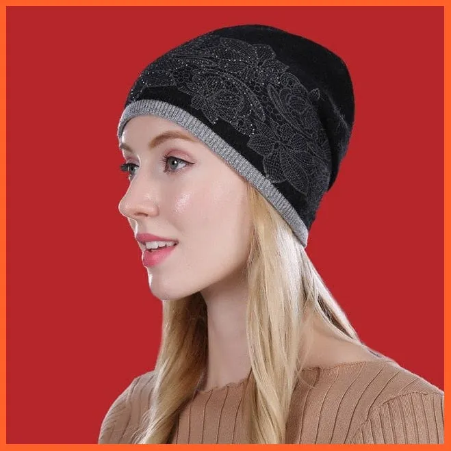 Wool Winter Hat Female Flowers Embroidery Knitted Hats | Warm Gravity Falls Cap Womens Thick Skullies Beanies