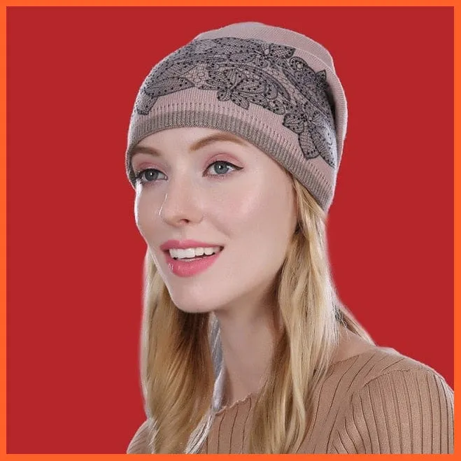 Wool Winter Hat Female Flowers Embroidery Knitted Hats | Warm Gravity Falls Cap Womens Thick Skullies Beanies