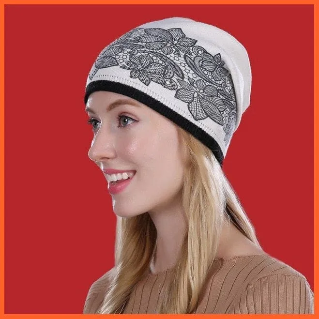 Wool Winter Hat Female Flowers Embroidery Knitted Hats | Warm Gravity Falls Cap Womens Thick Skullies Beanies